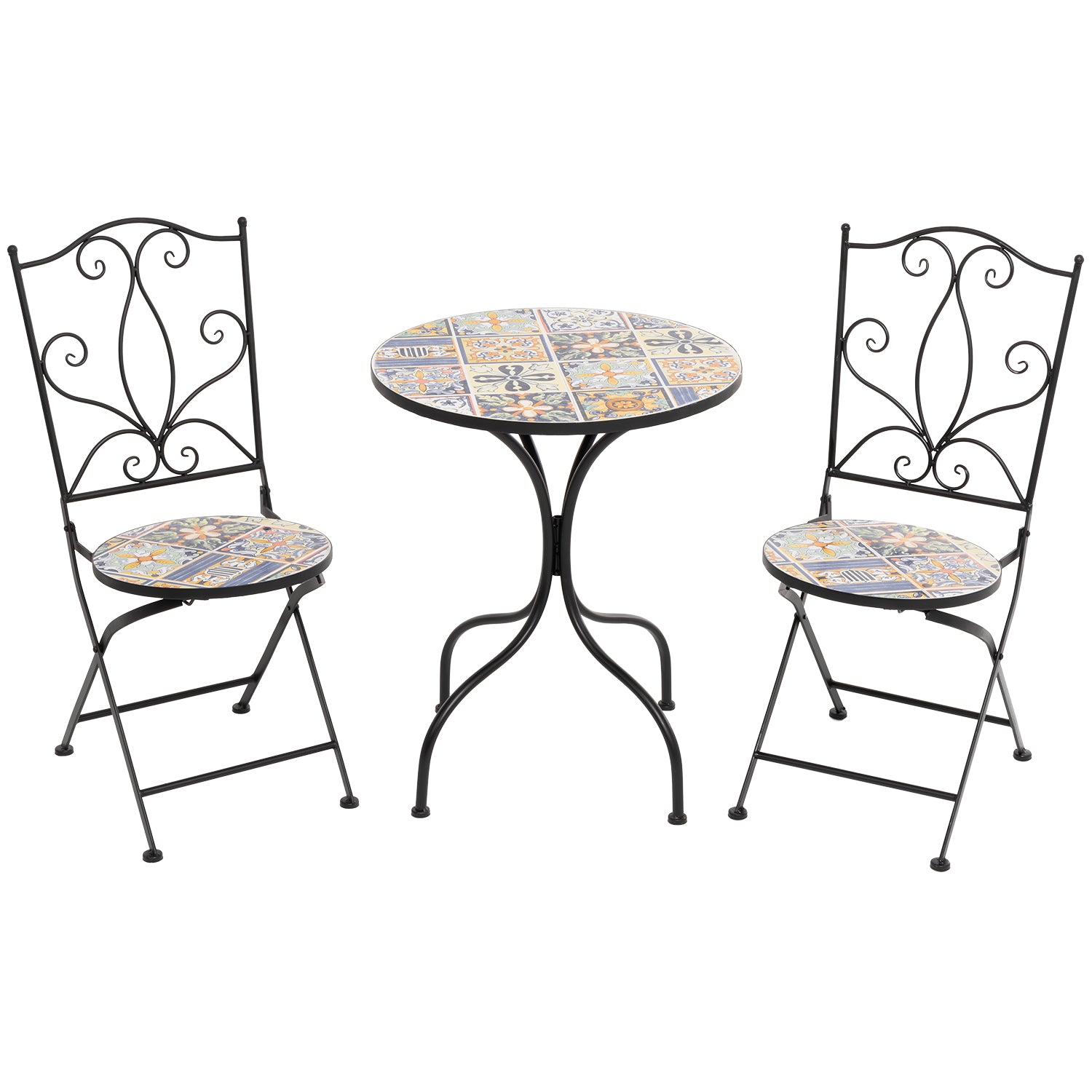 VESTIAMO CASA GIARDINO - Set giardino Bistrot tavolo rotondo 60 cm e 2 sedie in metallo Nero e Top in ceramica Effetto Mosaico Multicolor